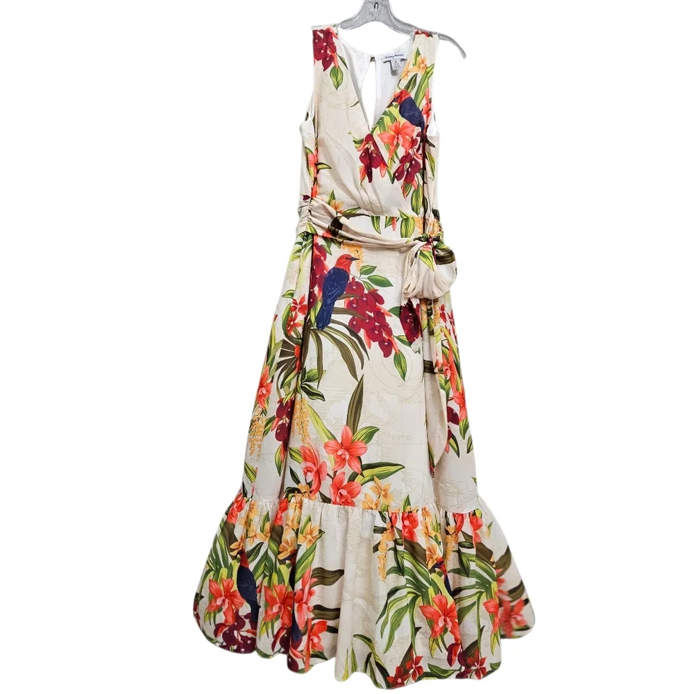 Tommy Bahama Tropical  Nwot V Neck Ruffle Hem Sleeveless Resortwear Mididress_10